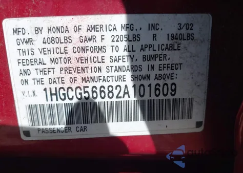 2002 Honda Accord 2.3 Ex from USA, damaged, VIN 1HGCG56682A101609